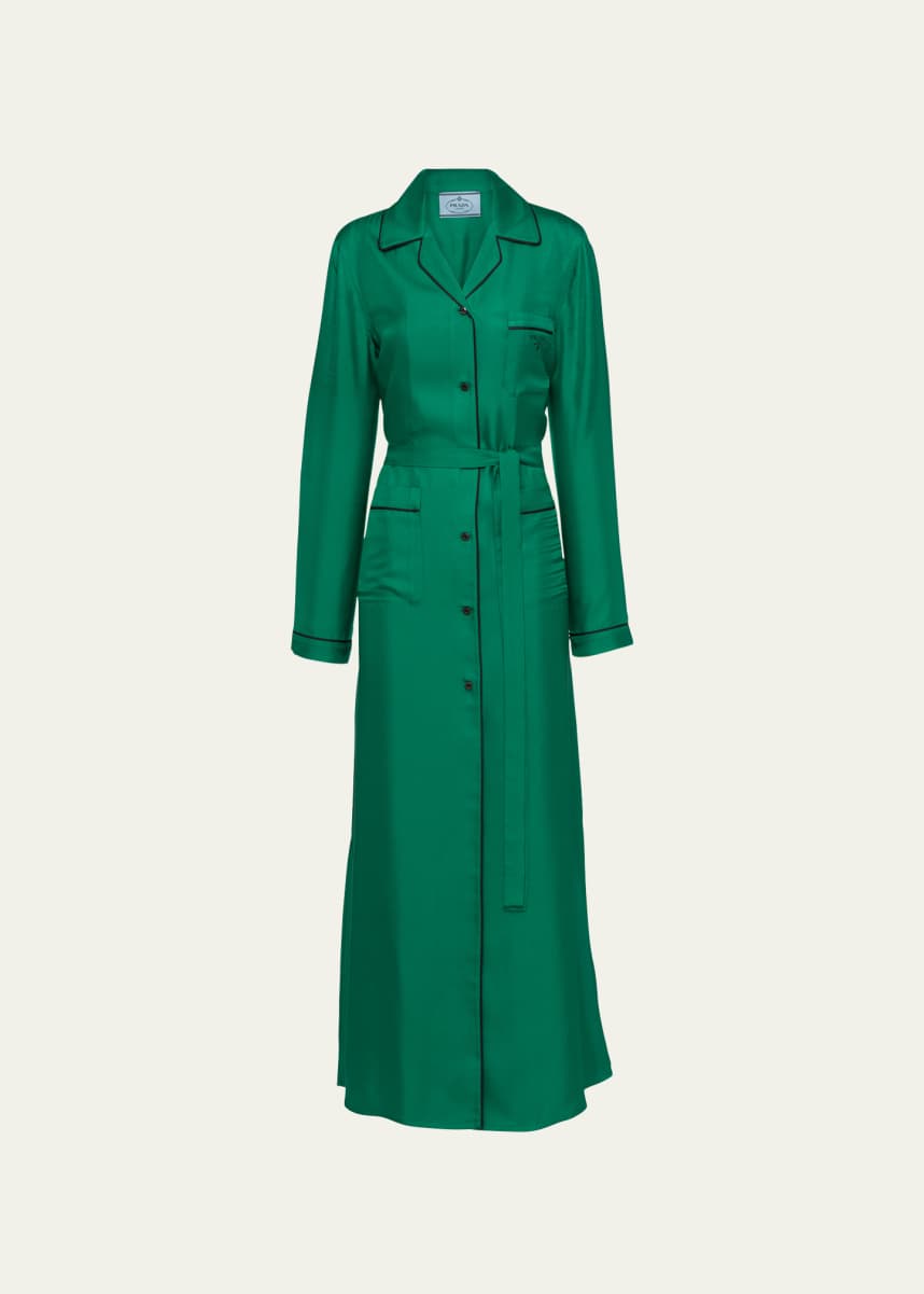 Prada Belted Silk Shirtdress w/ Contrast Piping