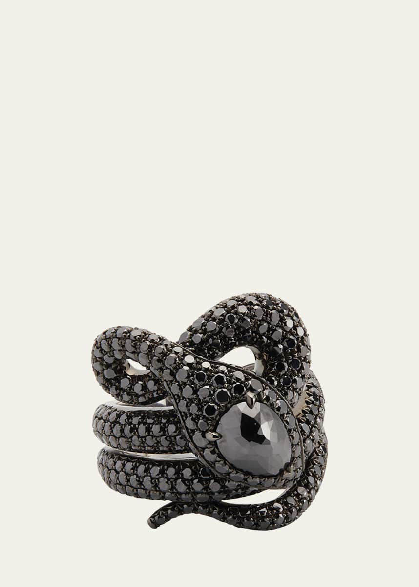 Stefere White Gold Black Diamond Ring with Black Diamond Head from The Snake Collection, Size 7