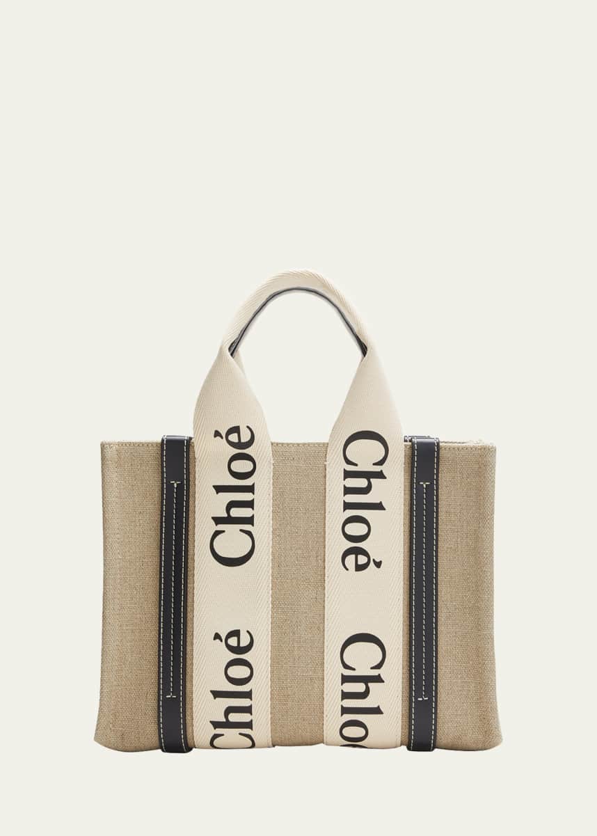 Chloe Woody Small Tote Bag in Linen with Crossbody Strap
