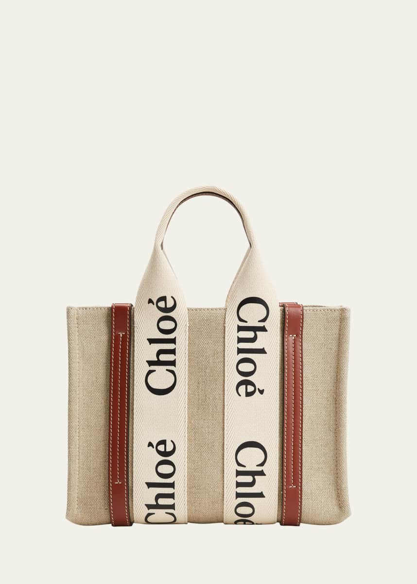 Chloe Woody Small Tote Bag in Linen with Crossbody Strap