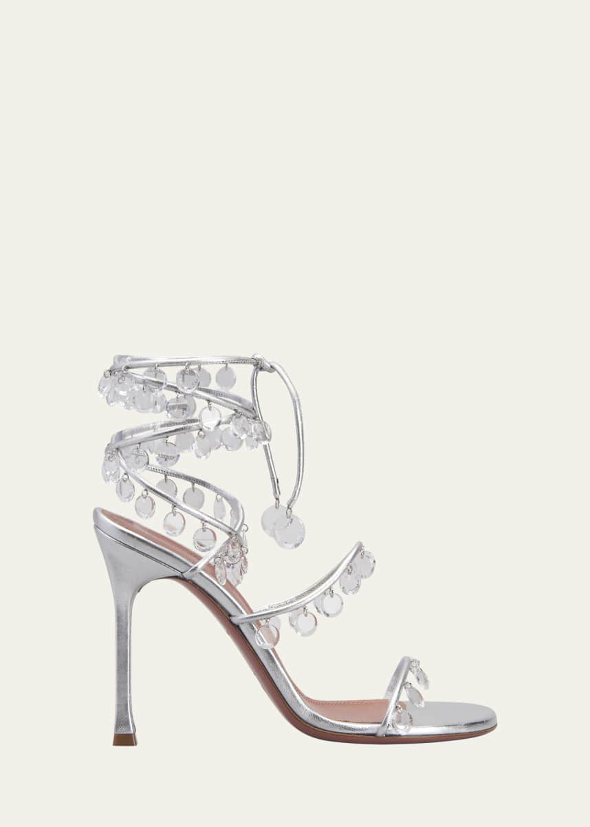 Amina Muaddi Tina Metallic Crystal Charm Ankle-Wrap Sandals