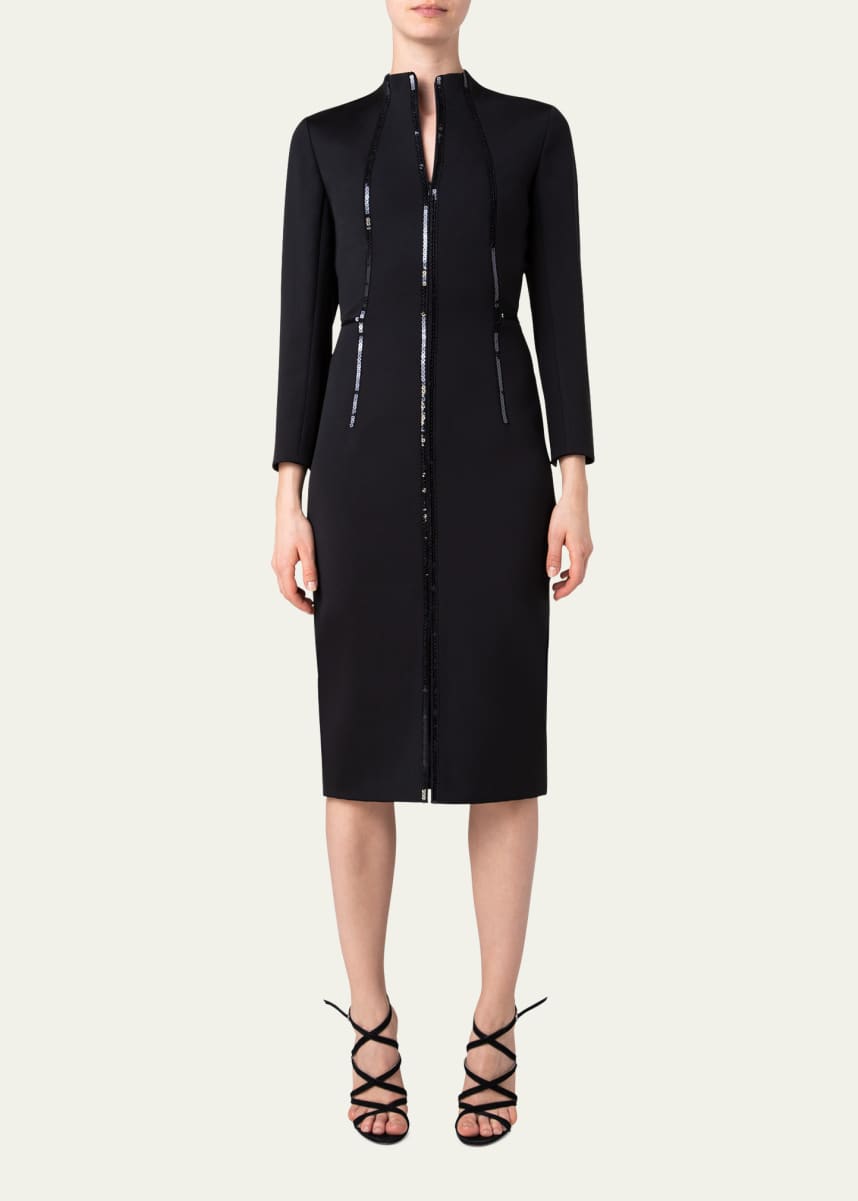 Akris Mock-Neck Sequin Sheath Midi Dress