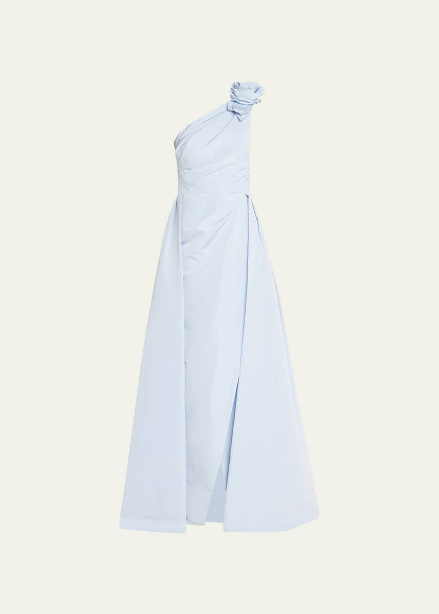 Rickie Freeman for Teri Jon One-Shoulder Pleated Taffeta Gown