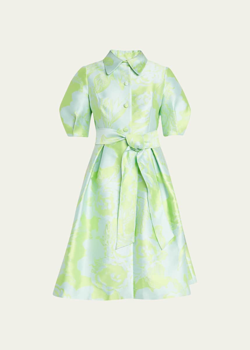 Rickie Freeman for Teri Jon Floral Jacquard Puff-Sleeve Shirtdress