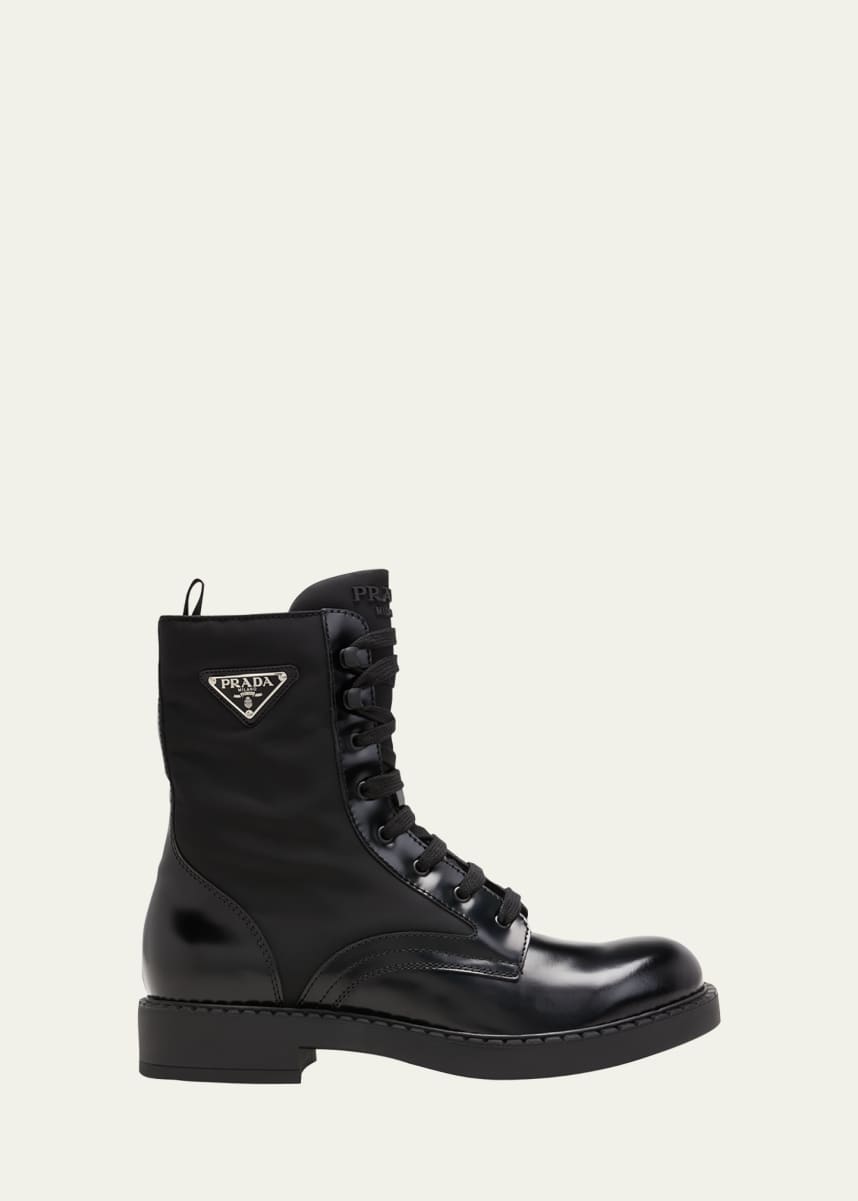 Prada Men's Nylon & Leather Triangle Logo Combat Boots