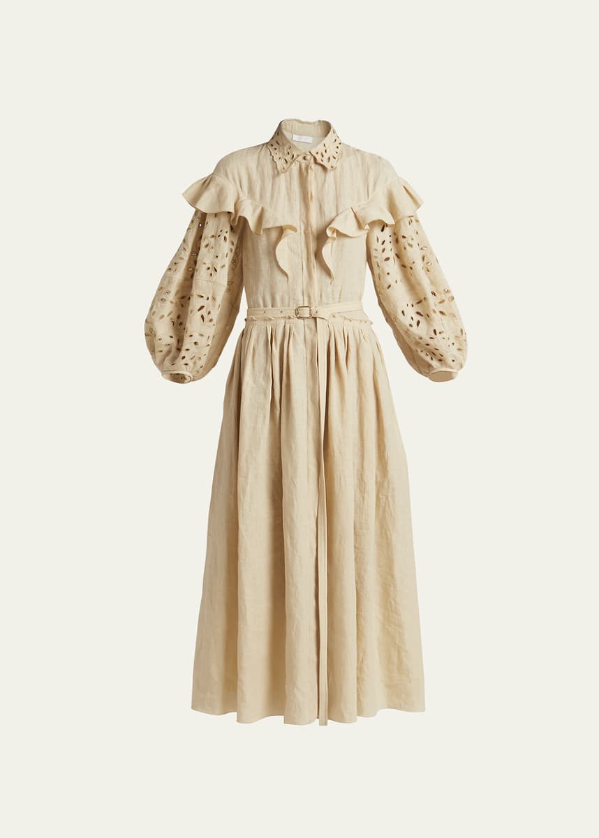Chloe Broderie Anglaise Blouson-Sleeve Ruffle Maxi Shirtdress