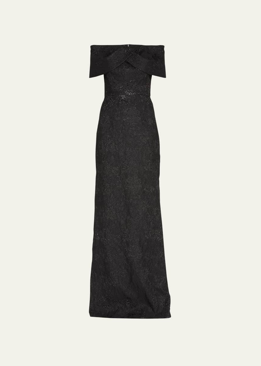 Rickie Freeman for Teri Jon Off-Shoulder Jacquard Column Gown