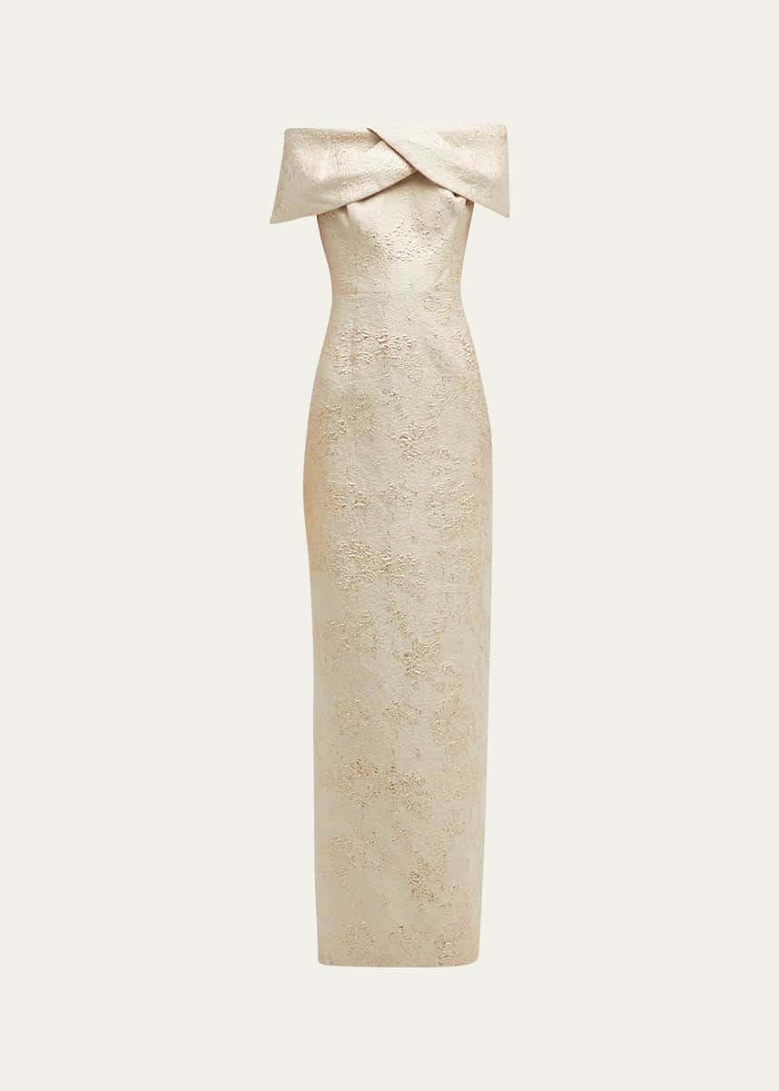 Rickie Freeman for Teri Jon Off-Shoulder Jacquard Column Gown