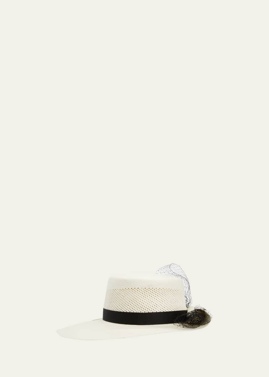 Sensi Studio Perforated Straw Hat w/ Tulle Veil