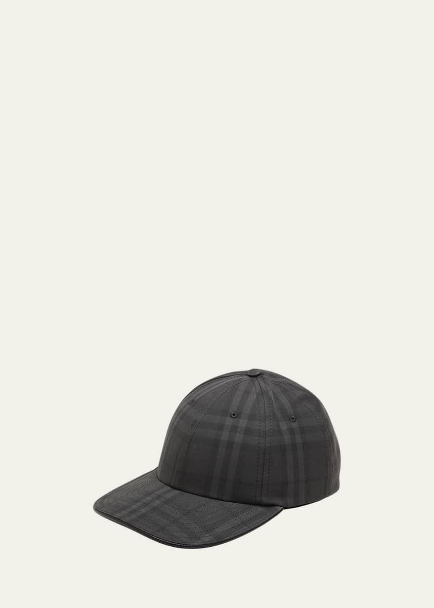 Burberry Men's Check Baseball Cap w/ Leather Piping