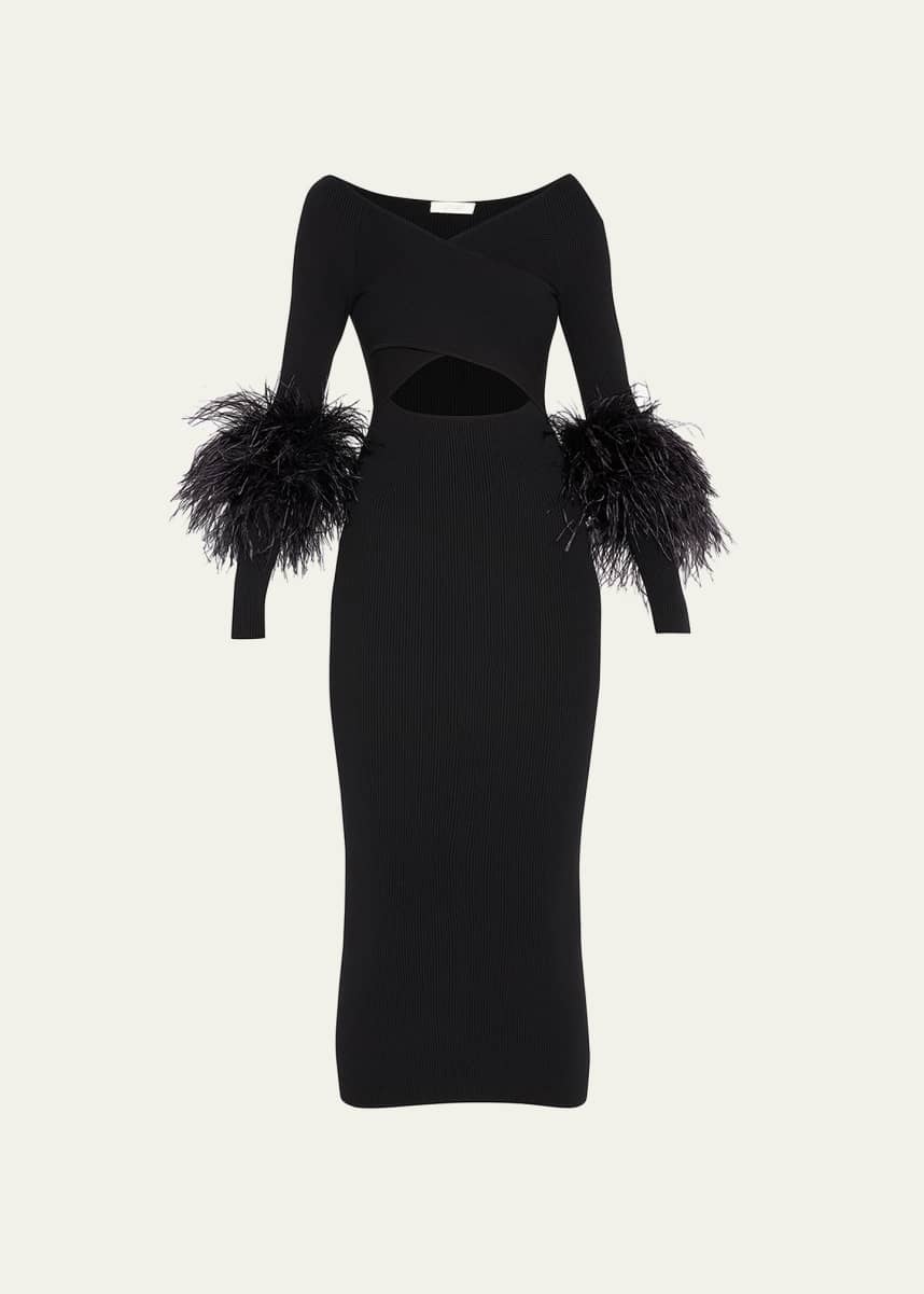 LAPOINTE Criss-Cross Cutout Midi Dress w/ Feather Trim
