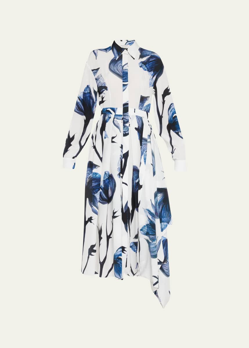 McQueen Bellflower-Print Asymmetric Midi Shirtdress