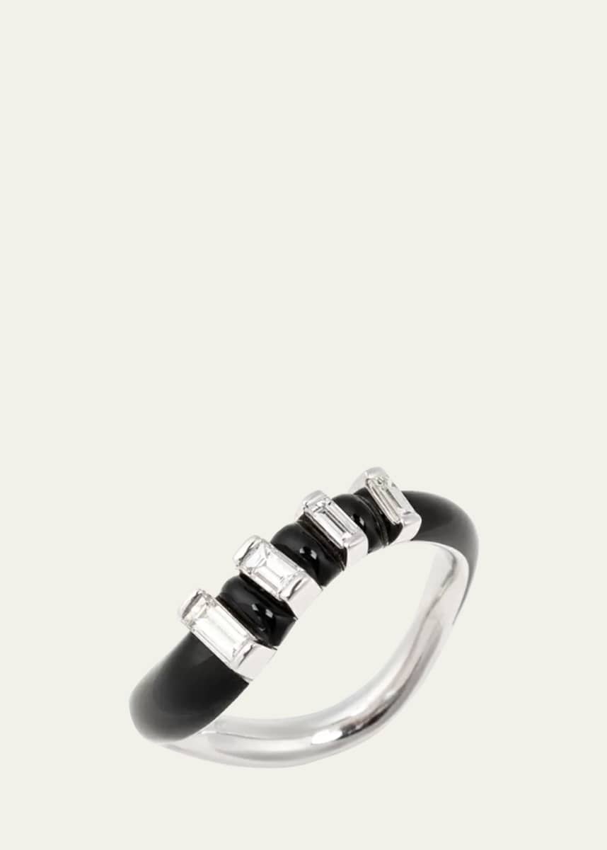 Nikos Koulis Oui Wave Band Ring in 18K White Gold with Black Enamel and White Diamonds