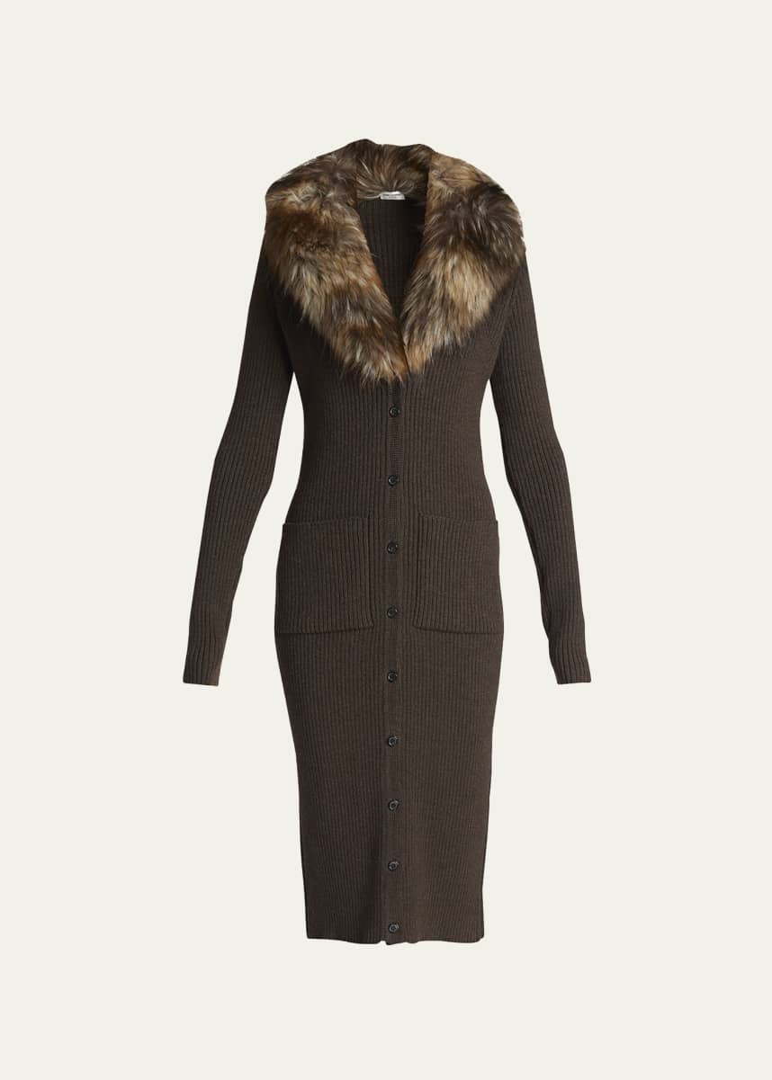 Saint Laurent Lamb-Shearling Wool Midi Sweater Dress