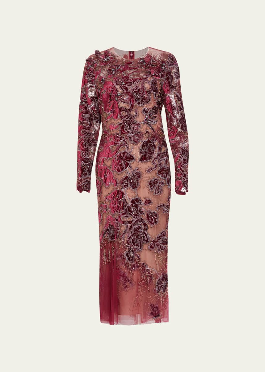 Marchesa Beaded Velvet Floral Tulle Midi Dress