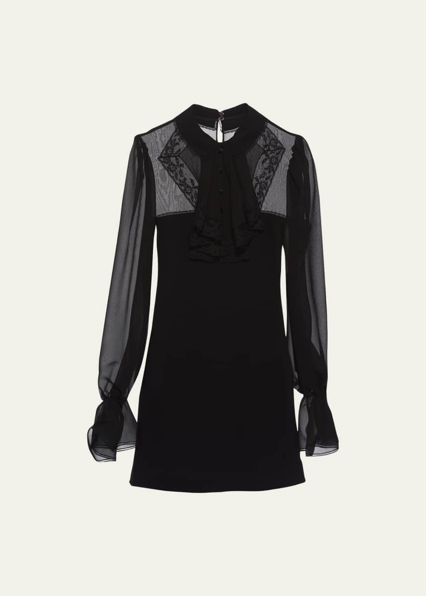 Miu Miu Ruffle Bib Sheer Bell-Cuff Mini Dress