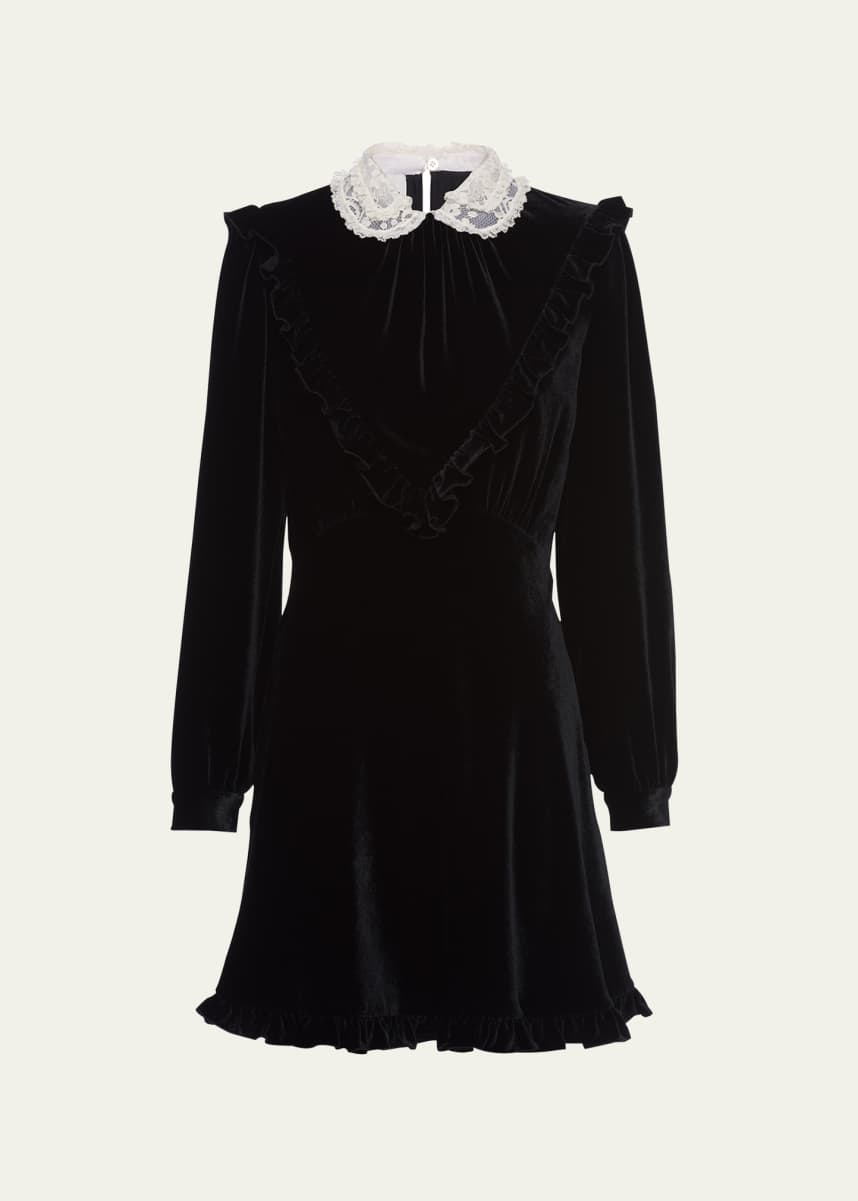 Miu Miu Velvet Ruffle-Trim Dress with Lace Collar