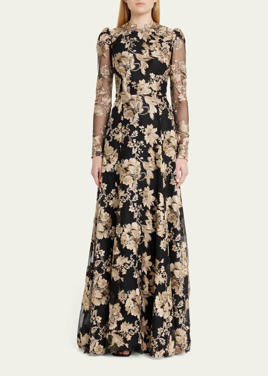Reem Acra Embroidered Fit-Flare Gown