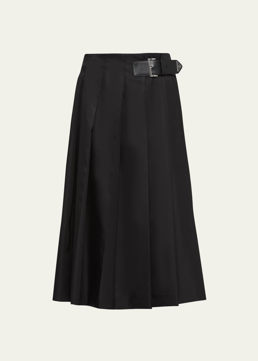 Prada Recycled Nylon Pleated Belted Midi Skirt
