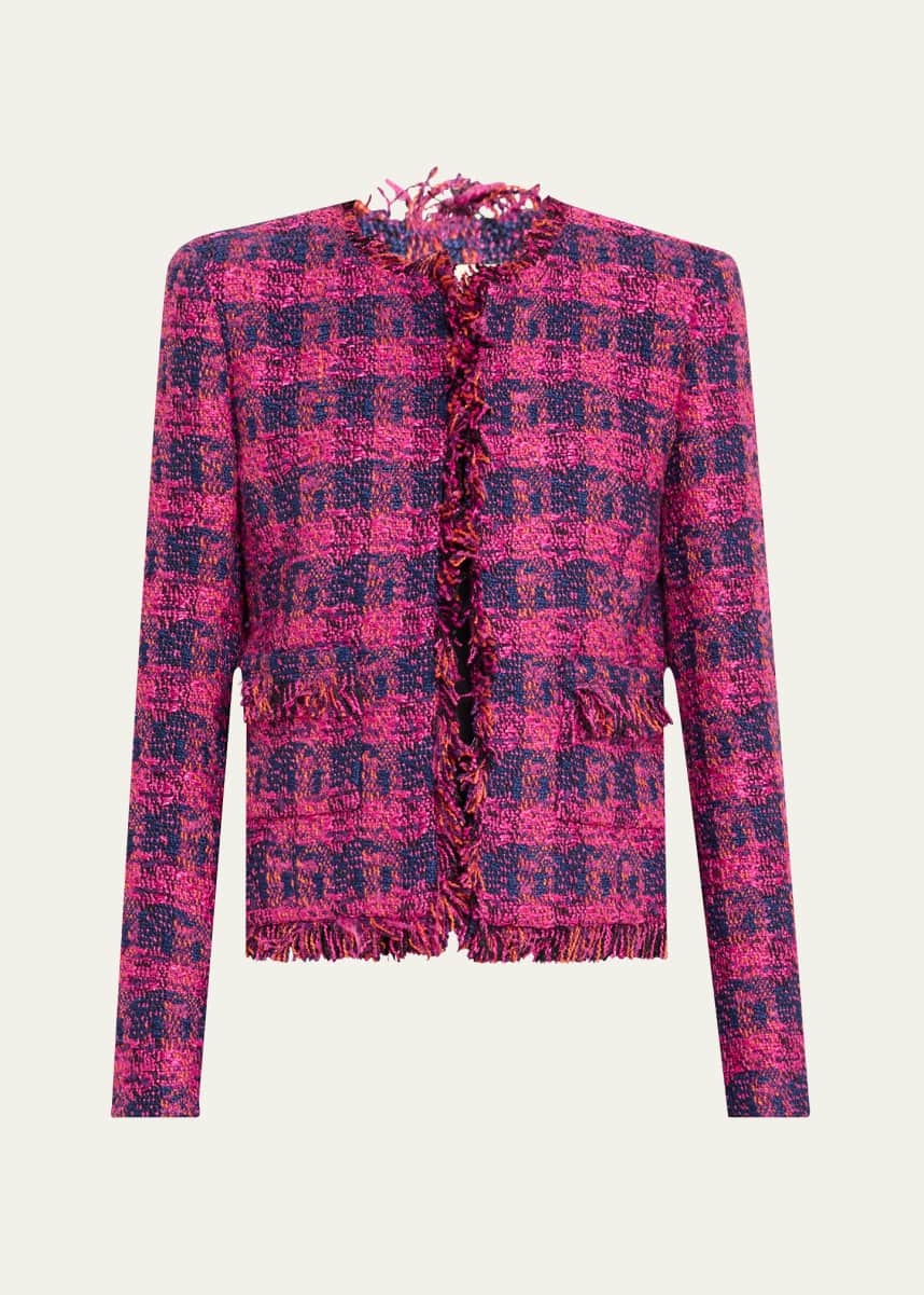 L'Agence Angelina Tweed Open-Front Fringe Blazer