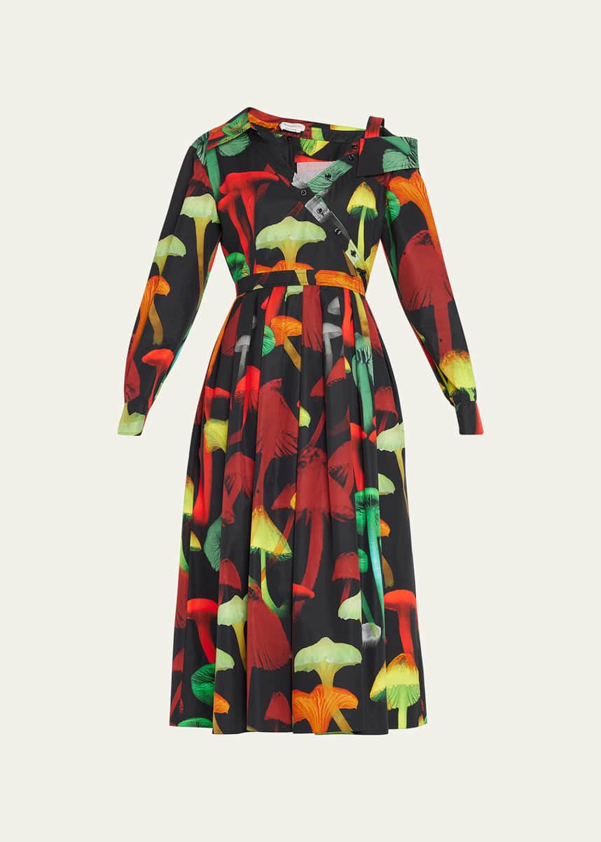 Alexander McQueen Mushroom-Print Pleated Poplin Midi Dress