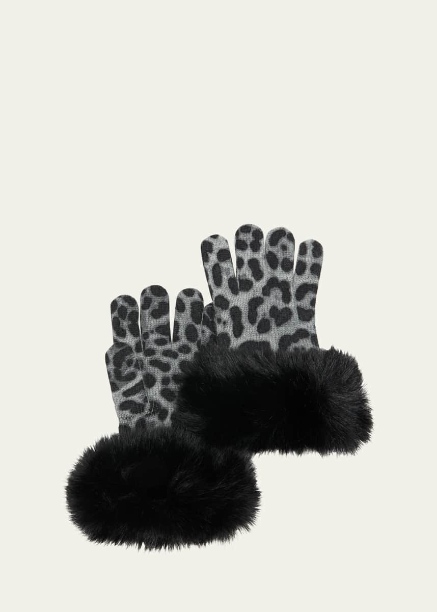 Sofia Cashmere Leopard Print Cashmere Gloves w/ Faux Fur Cuffs