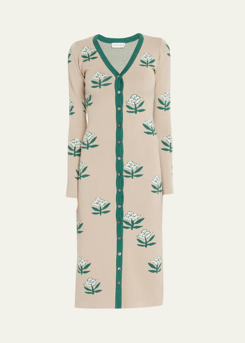 Rhode Avery Floral Knit Midi Button-Front Dress
