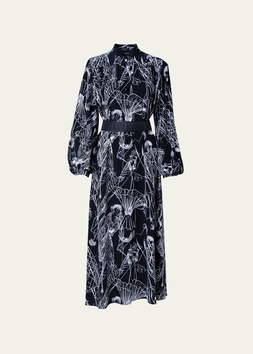 Akris Kaftan Dress, Silk, Croquis Print, Mock Neck, Front Button Closure, Side Slits, Long Sleeve