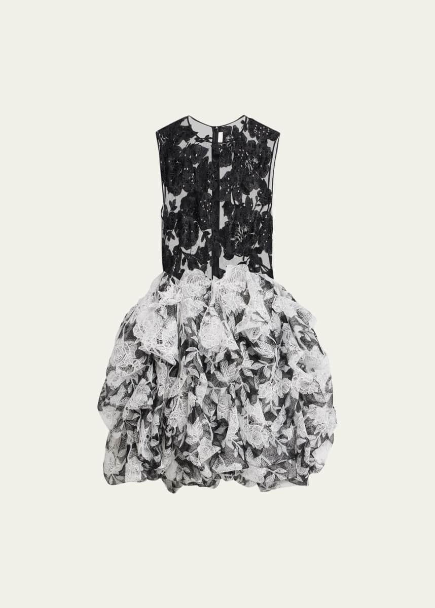 Naeem Khan Black And White Floral Cocktail Dress with Mesh Bodice