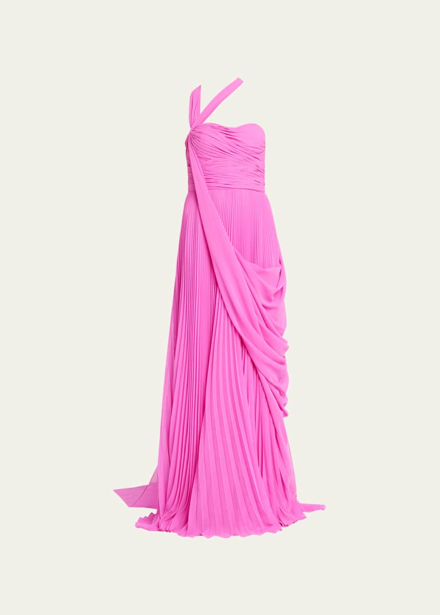 Naeem Khan Pleated One-Shoulder Gown with Cape Detail