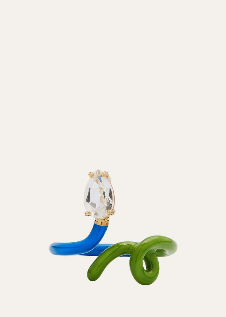 Bea Bongiasca B Vine Ring in Cobalt and Pistachio Enamel with Drop-Cut Rock Crystal