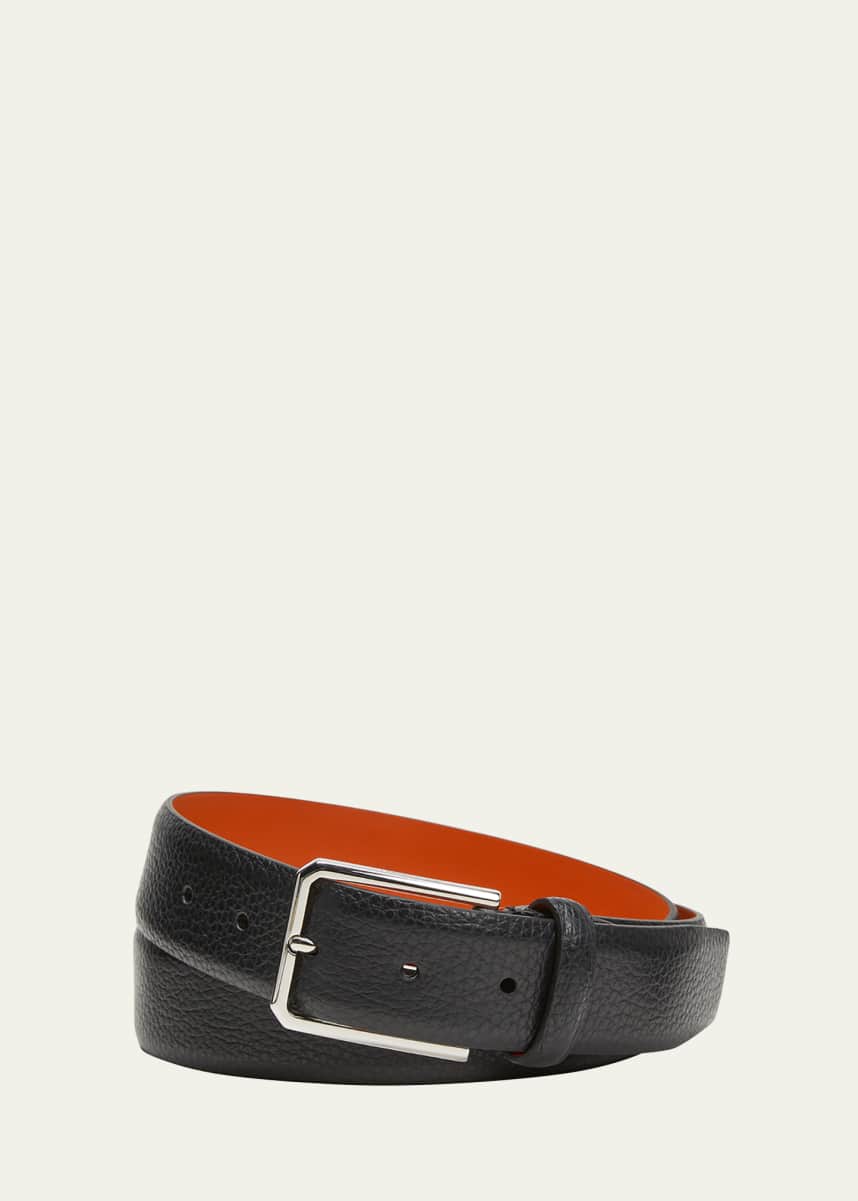 Santoni Men's Rectangle Buckle Grained Leather Belt