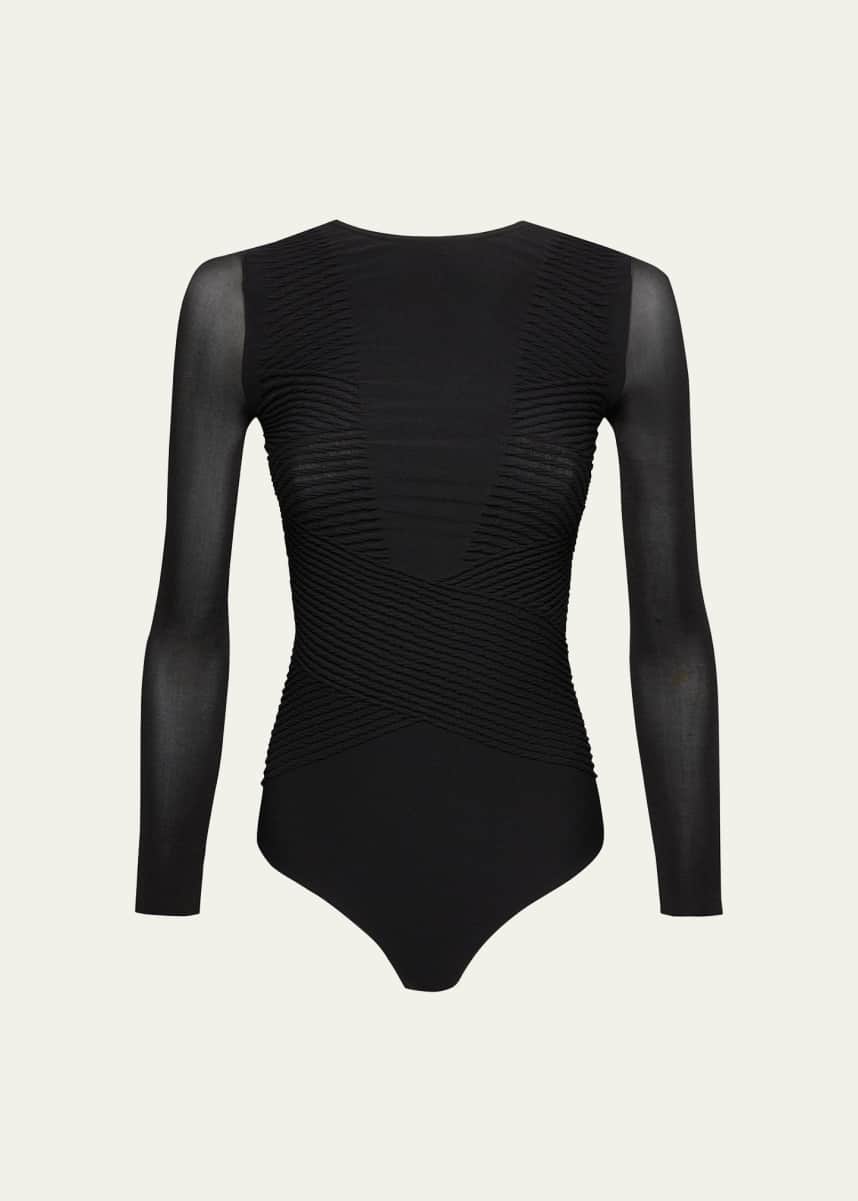 Wolford Pleated Shaping Sheer-Sleeve Bodysuit