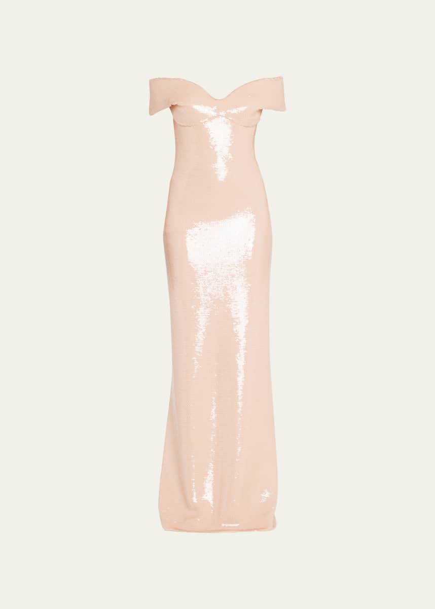 Monique Lhuillier Off-The-Shoulder Draped Column Gown