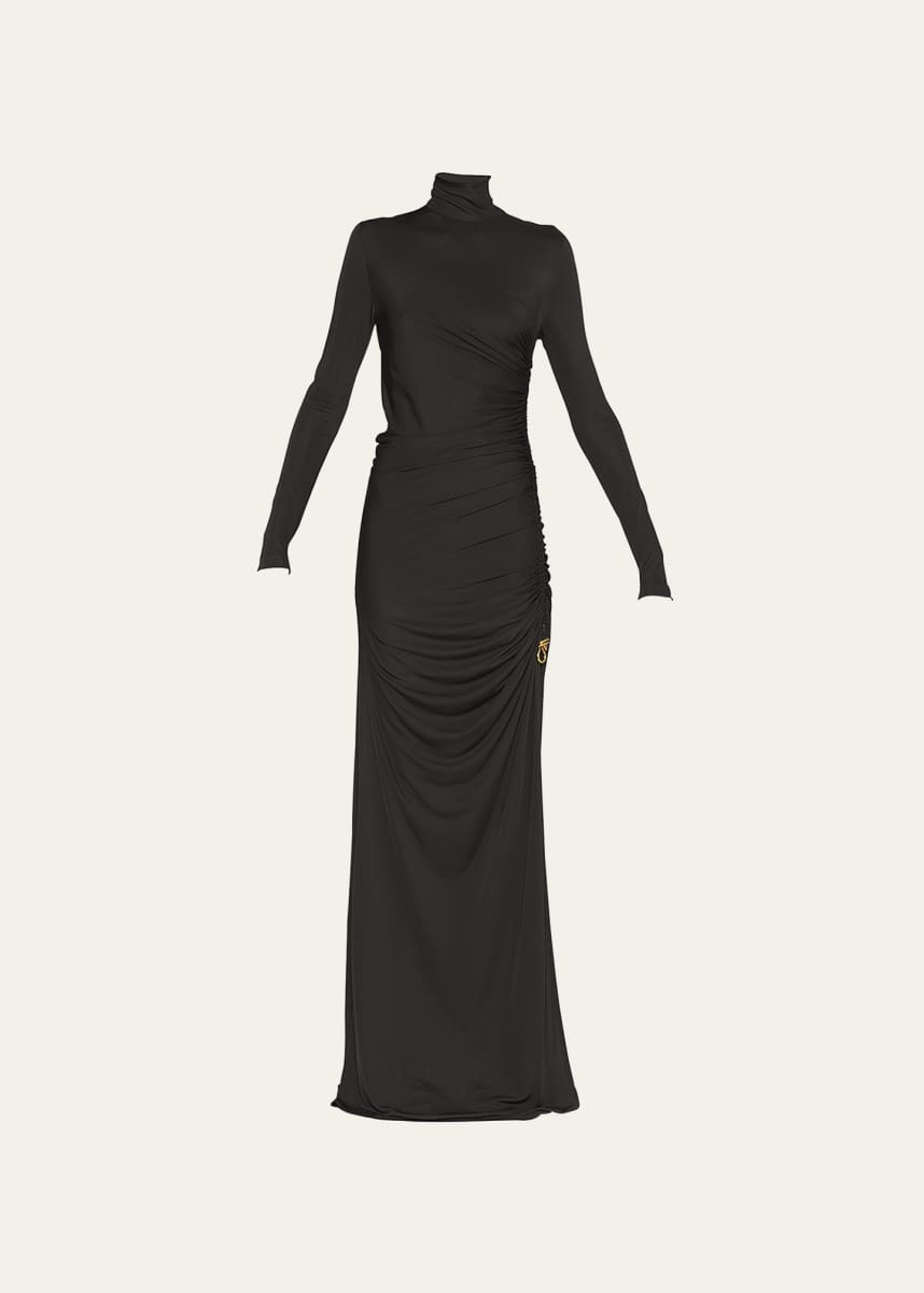 Bottega Veneta Ruched High-Neck Jersey Gown with Knot Detail