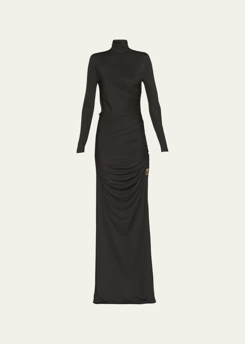 Bottega Veneta Ruched High-Neck Jersey Gown with Knot Detail