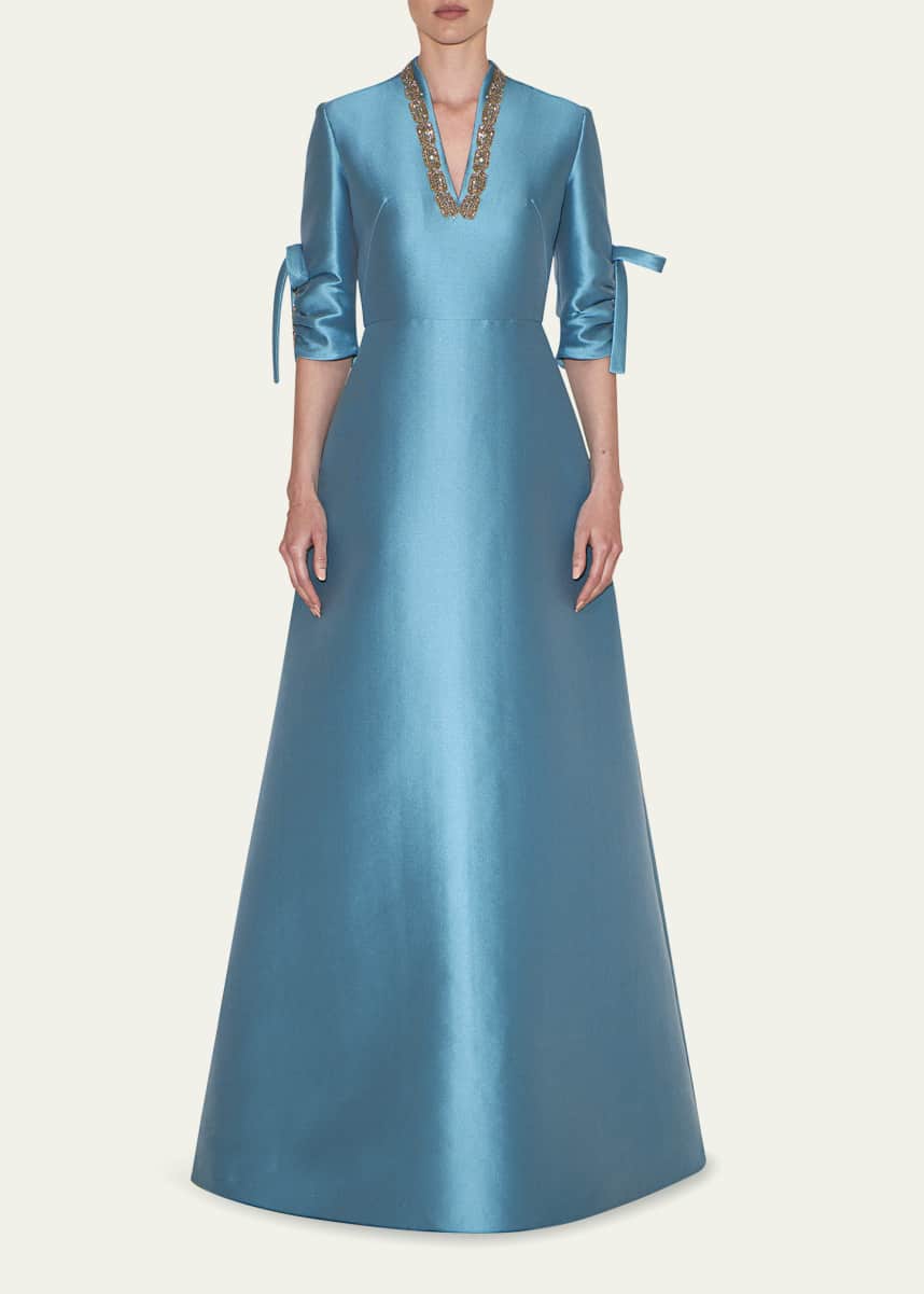 Reem Acra Bead-Embellished Mikado Kaftan with Bow Details