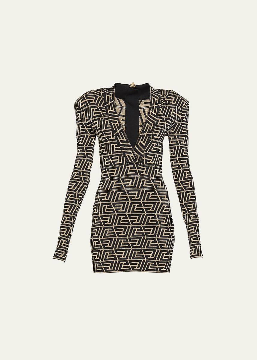 Balmain Monogram Knit Mini Dress w/ Padded Shoulders