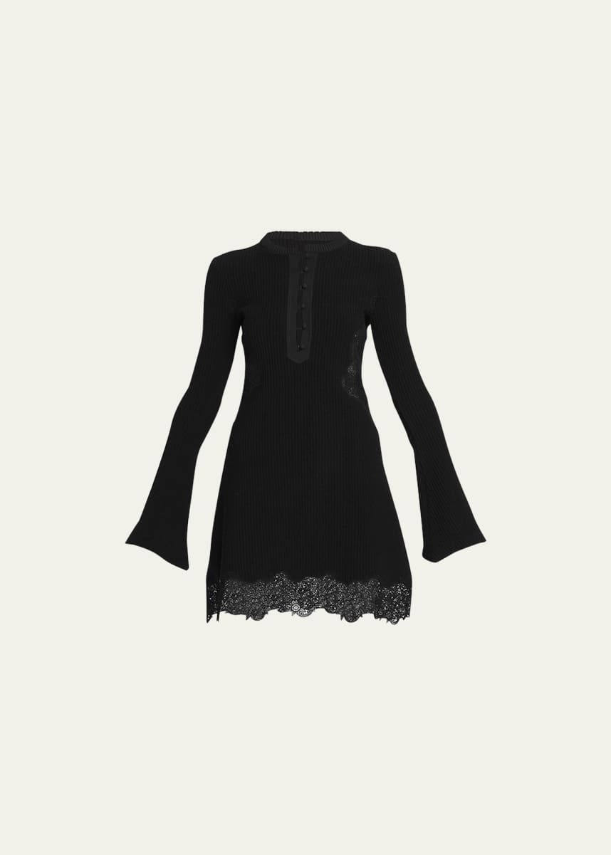 Chloe Lace Insert Flare-Sleeve Rib Short Dress