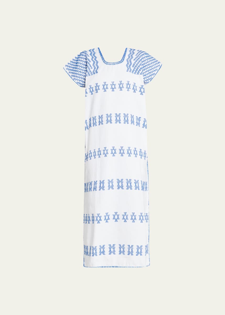 Pippa Holt Single-Panel White Midi Kaftan With Blue Embroidery