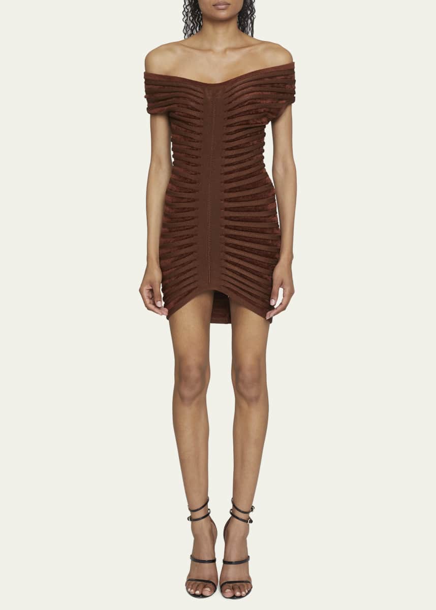 ALAIA Off Shoulder Ribbed Mini Dress