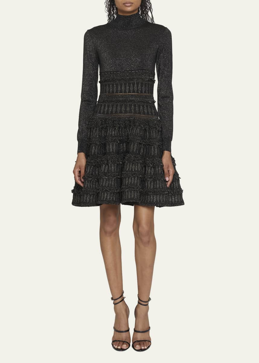 ALAIA Mock Neck Metallic Skater Dress