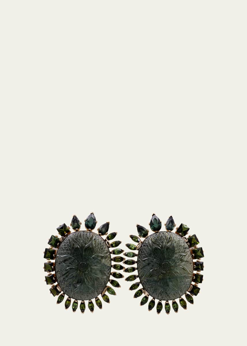 Stephen Dweck Hand Carved and Faceted Green Tourmaline Earrings in 18K Gold