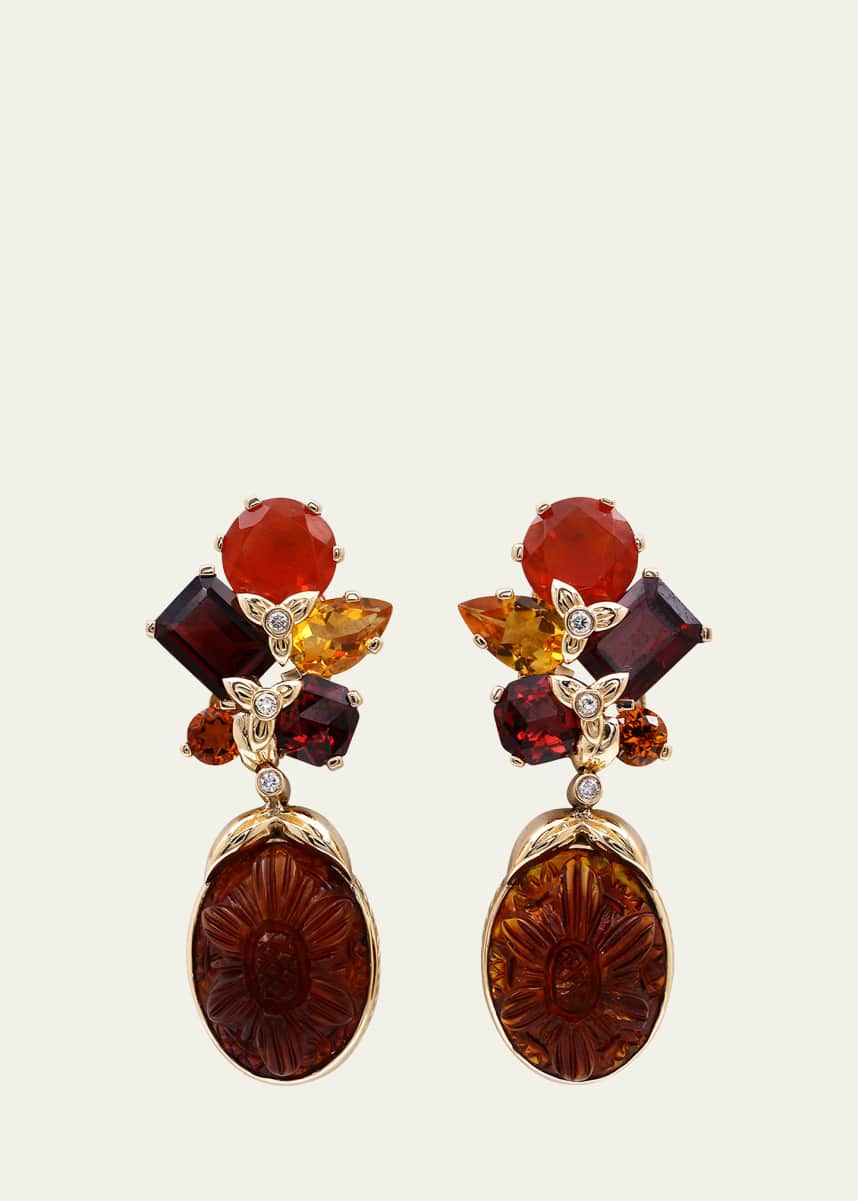 Stephen Dweck Hand Carved Amber, Fire Opal, Garnet and Citrine Earrings in 18K Gold