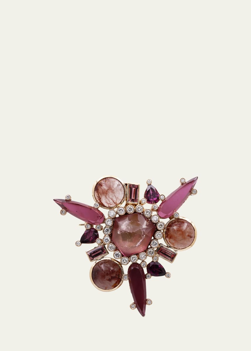 Stephen Dweck Tourmaline, Mother-of-Pearl, Rutilated Sunstone and Rhodolite Garnet Brooch-Pendant in 18K Gold