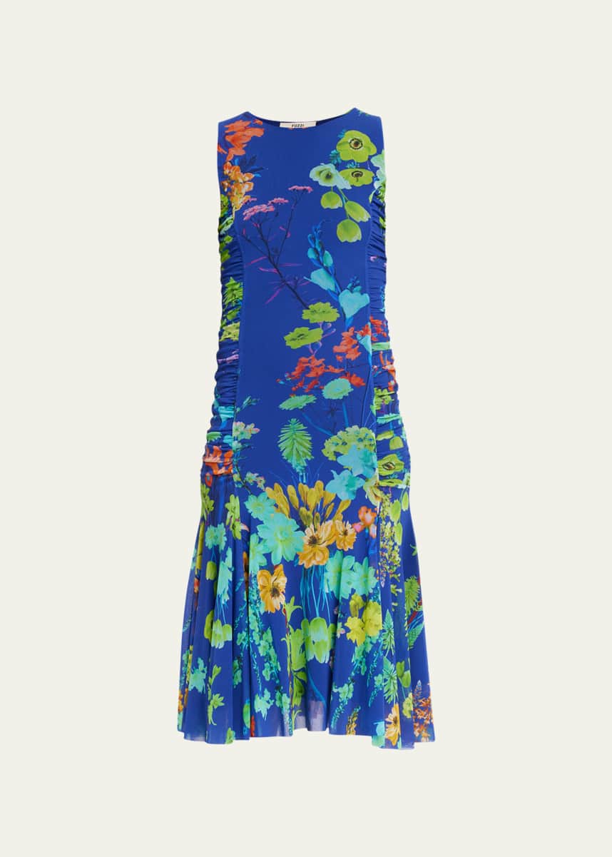 Fuzzi Sleeveless Floral-Print Tulle Midi Dress