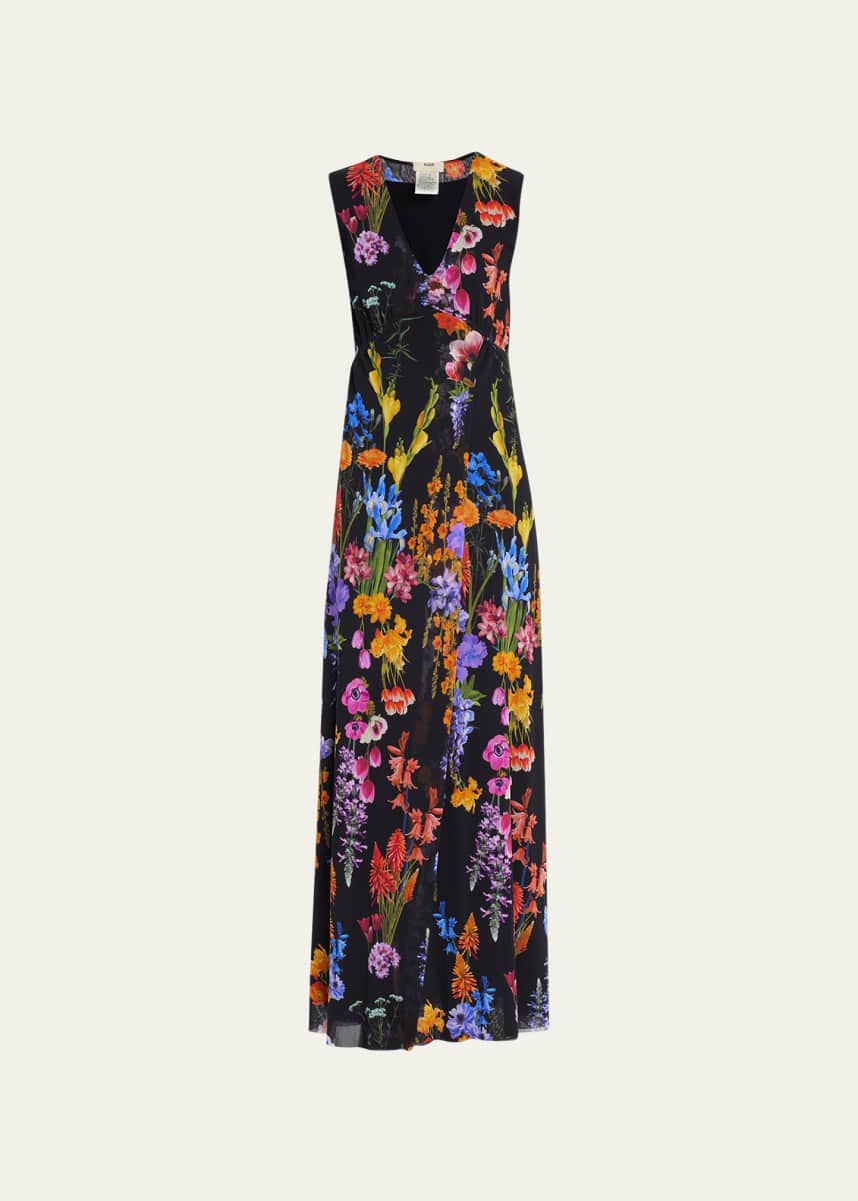 Fuzzi Sleeveless Floral-Print Tulle Maxi Dress