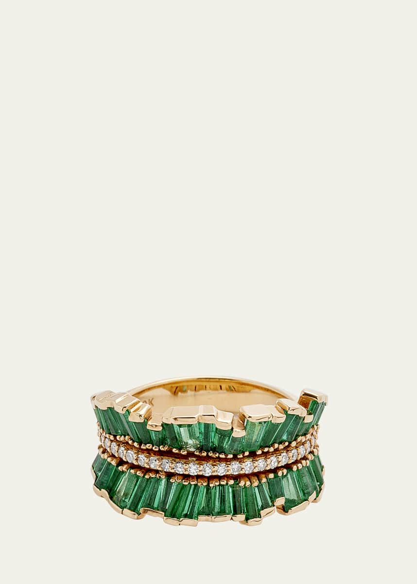 Nak Armstrong Double Ruched Ribbon Ring with Emerald and Diamonds