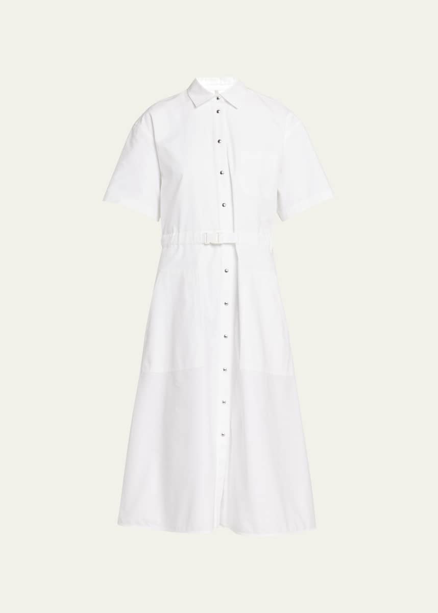 Moncler Button-Front Belted Shirtdress with Logo Embroidery