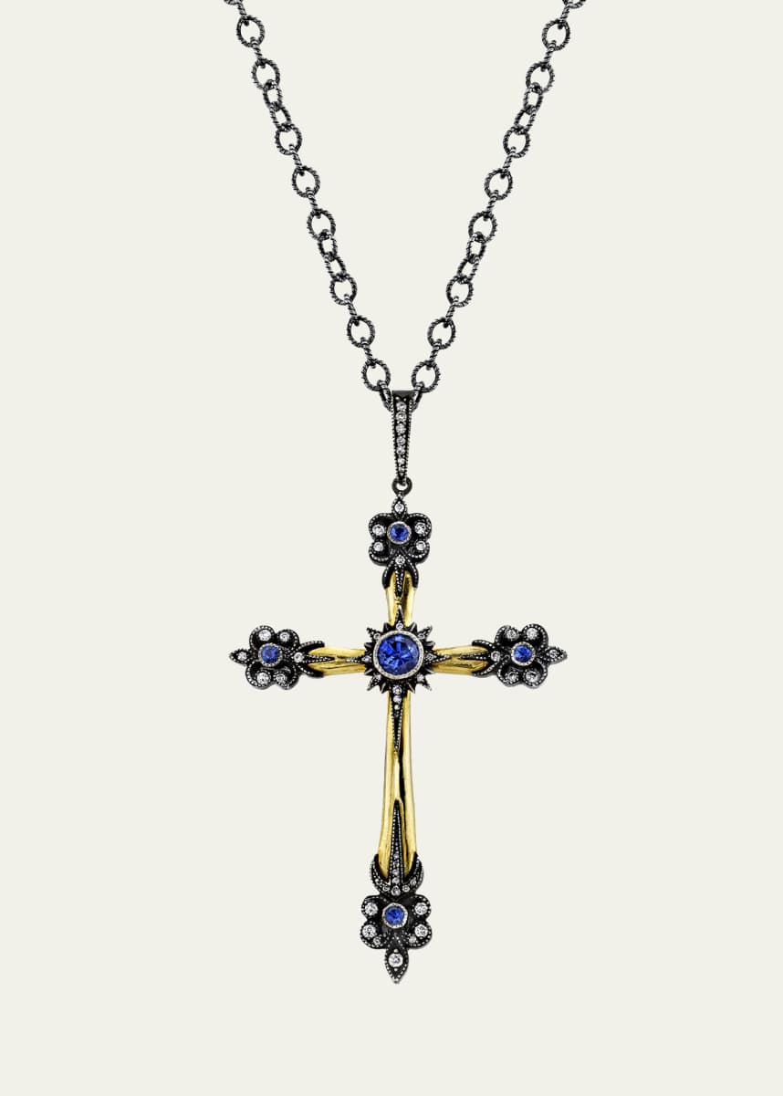 Arman Sarkisyan Sapphire and Diamond Cross Pendant on Oxidized Silver Chain
